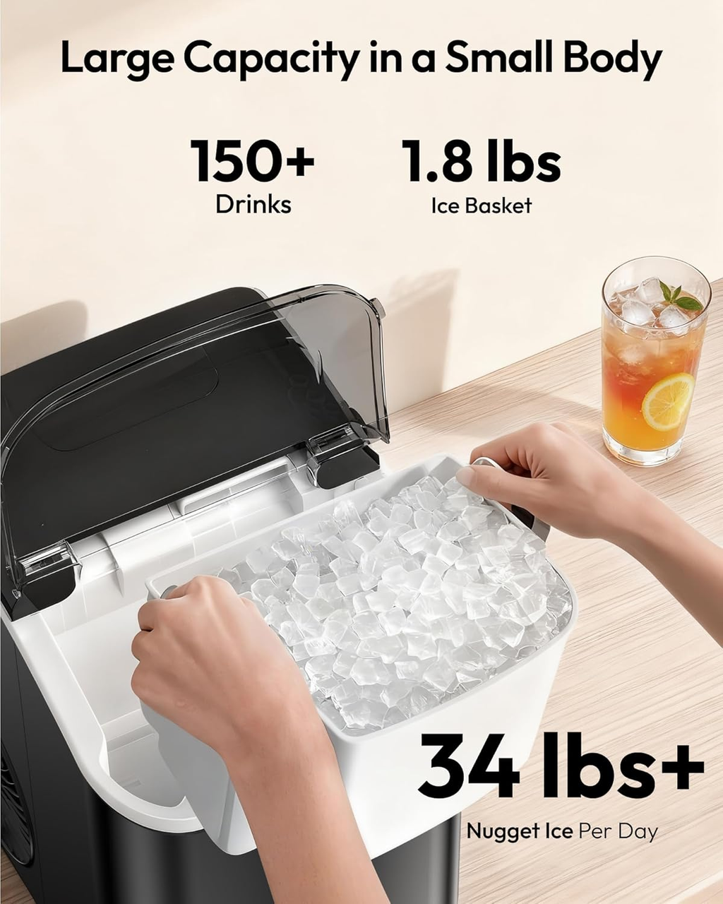 Black Countertop Nugget Ice Maker with Carry Handle, Ready in 6 Mins, 34lbs Per Day, Removable Top Cover & Self‑Cleaning, Portable Sonic Ice Maker with Basket and Scoop for Home Party RV Camping