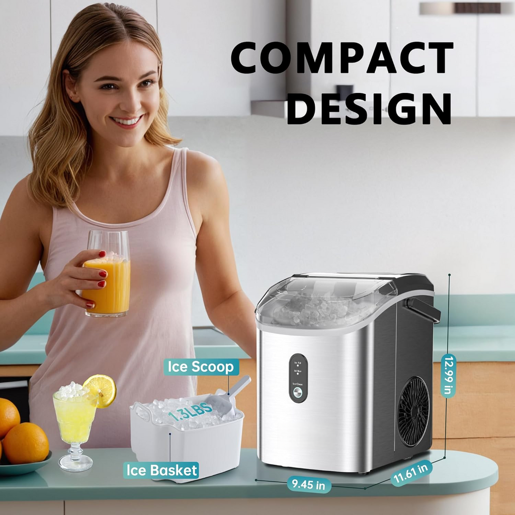 Countertop Nugget Ice Maker with Carry Handle, Ready in 6 Mins, 34lbs Per Day, Removable Top Cover & Auto‑Cleaning, Portable Sonic Ice Maker with Basket and Scoop for Home Party RV Camping