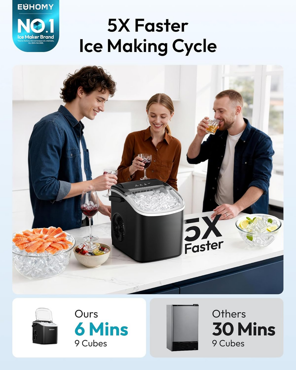Black Countertop Ice Maker Machine with Carry Handle, 26lbs/24Hrs Production, 9 Ice Cubes Ready in 6 Mins, Auto‑Cleaning Portable Ice Maker with Basket and Scoop for Home Kitchen Camping RV