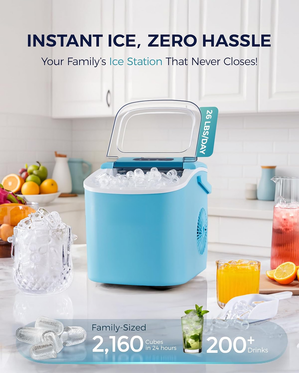 Countertop Ice Maker Machine with Carry Handle, 26lbs/24Hrs Production, 9 Ice Cubes Ready in 6 Mins, Auto‑Cleaning Portable Ice Maker with Basket and Scoop for Home Kitchen Camping RV