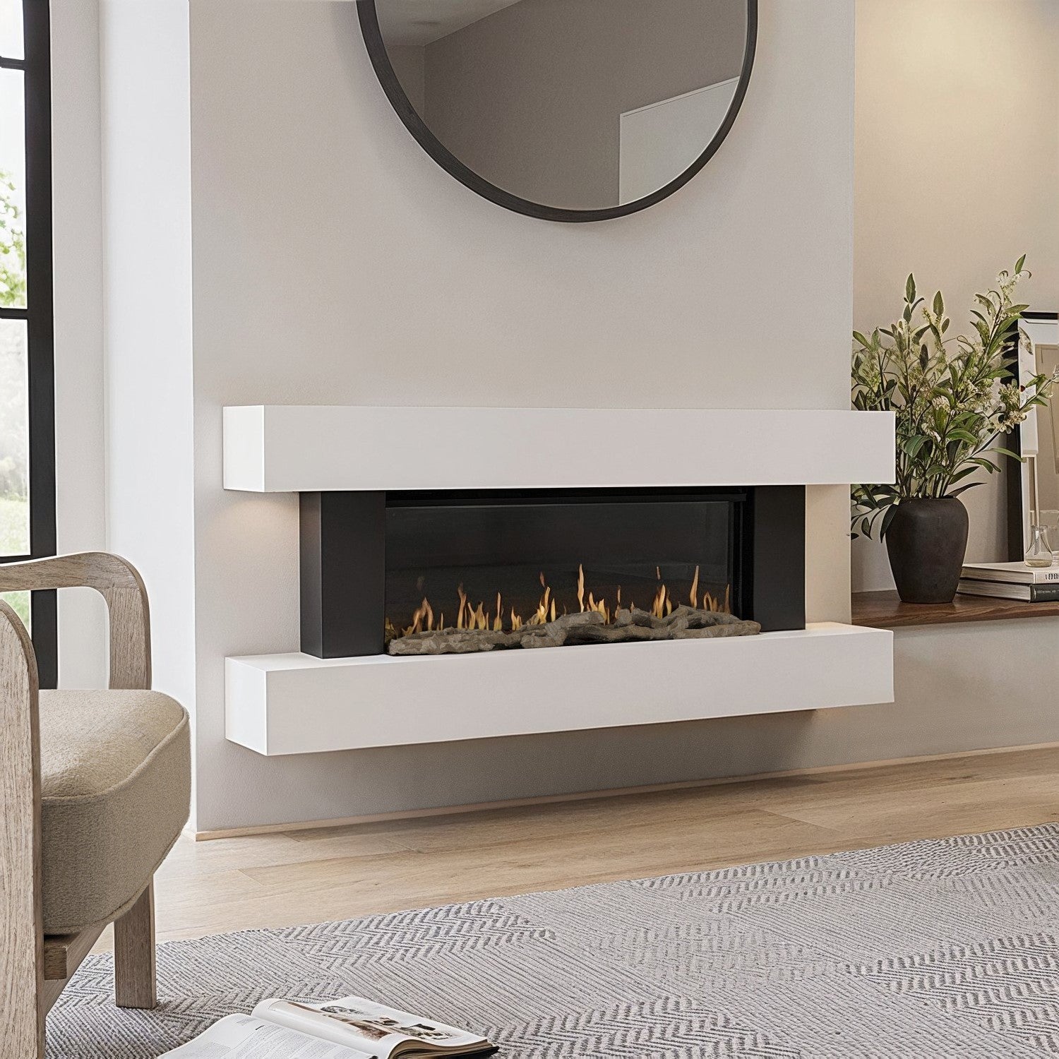White Wall-Mounted Electric Smart Fire Place with Surround - 52 Inch - AmberGlo