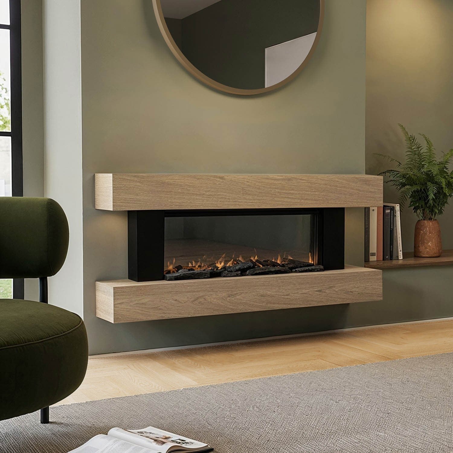 Oak Wall-Mounted Electric Smart Fire Place with Surround - 52 Inch - AmberGlo