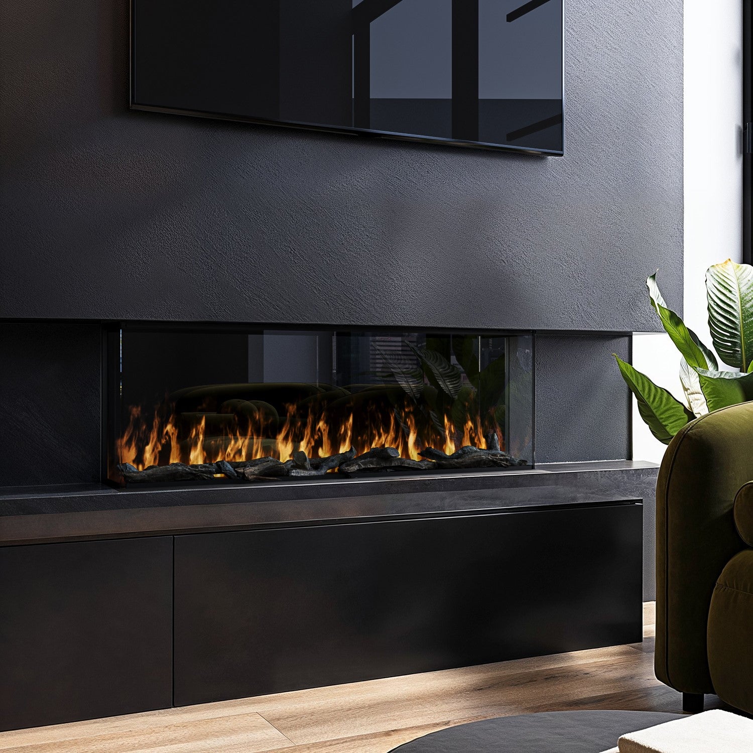 Black 3-Sided Inset Electric Media Wall Smart Fire Place - 40 Inch - AmberGlo