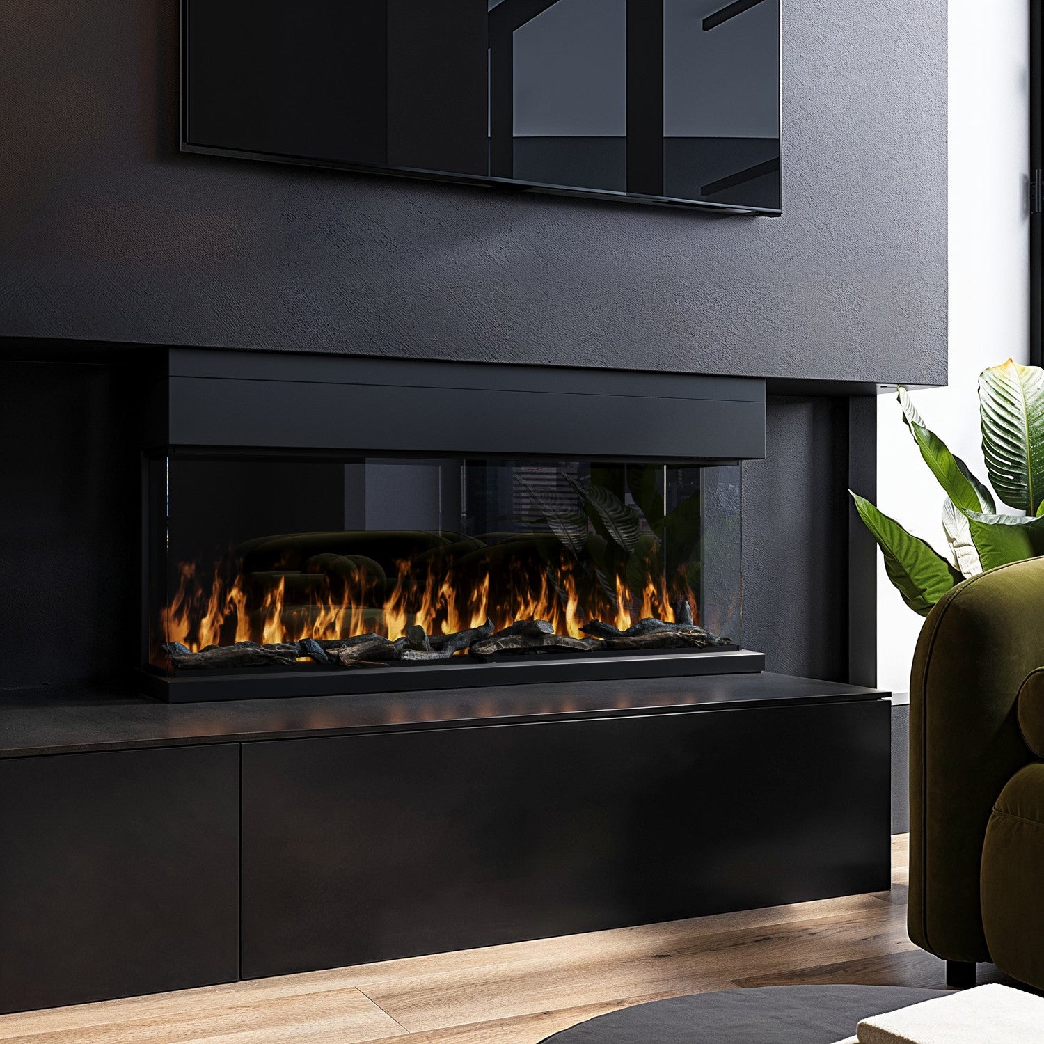 Black 3-Sided Inset Electric Media Wall Smart Fire Place - 40 Inch - AmberGlo