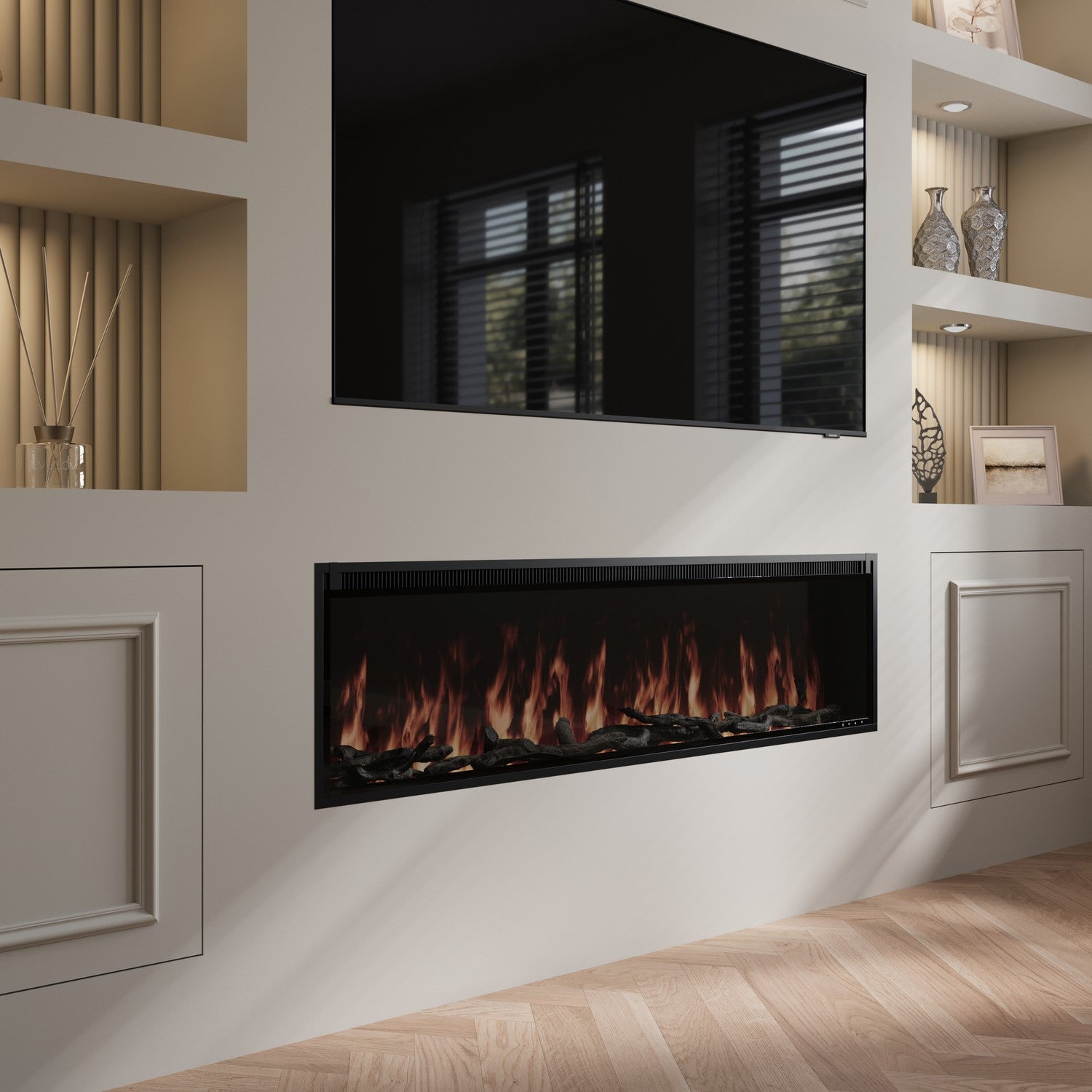Black Slimline Inset Electric Media Wall Smart Fire Place - 60 Inch - AmberGlo