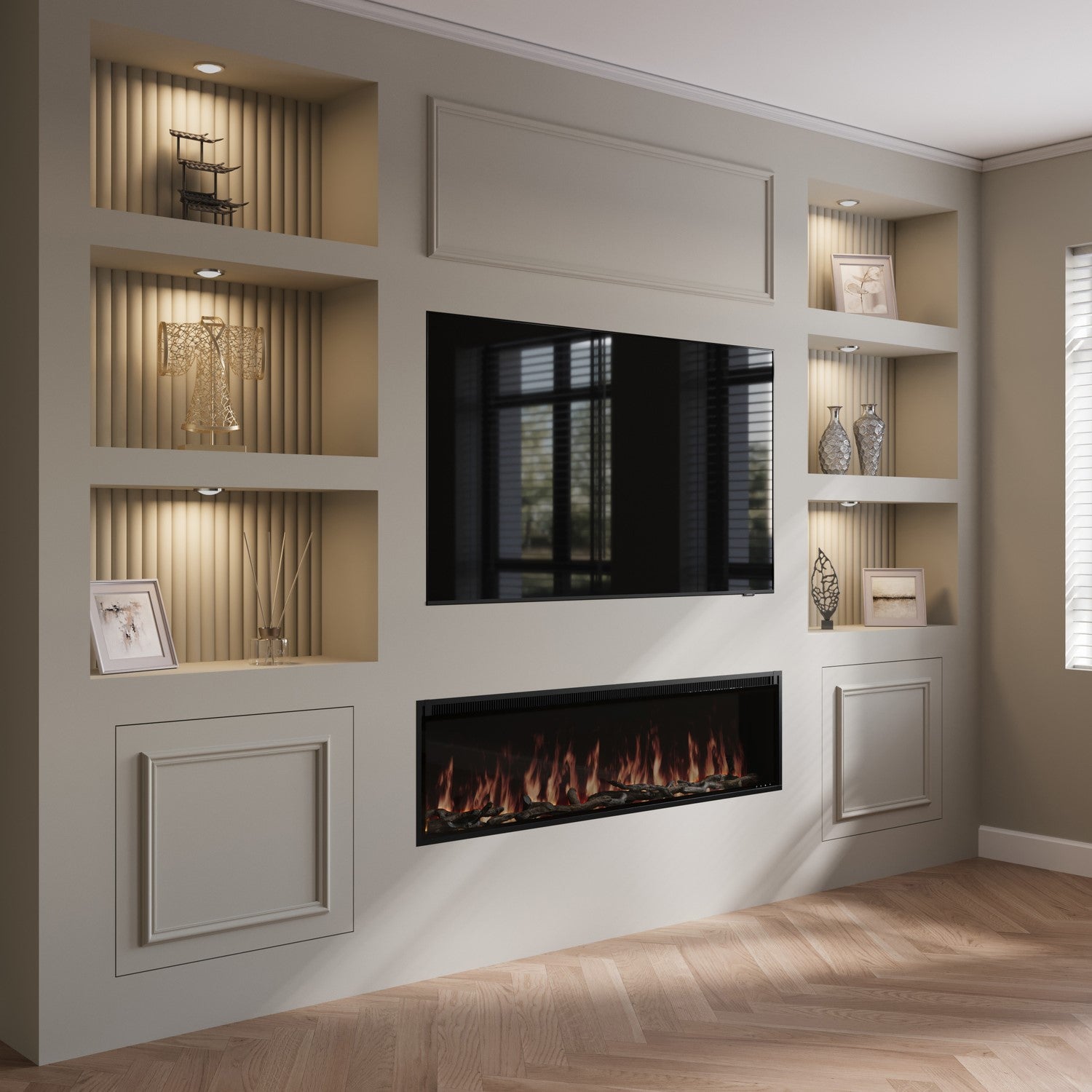 Black Slimline Inset Electric Media Wall Smart Fire Place - 60 Inch - AmberGlo