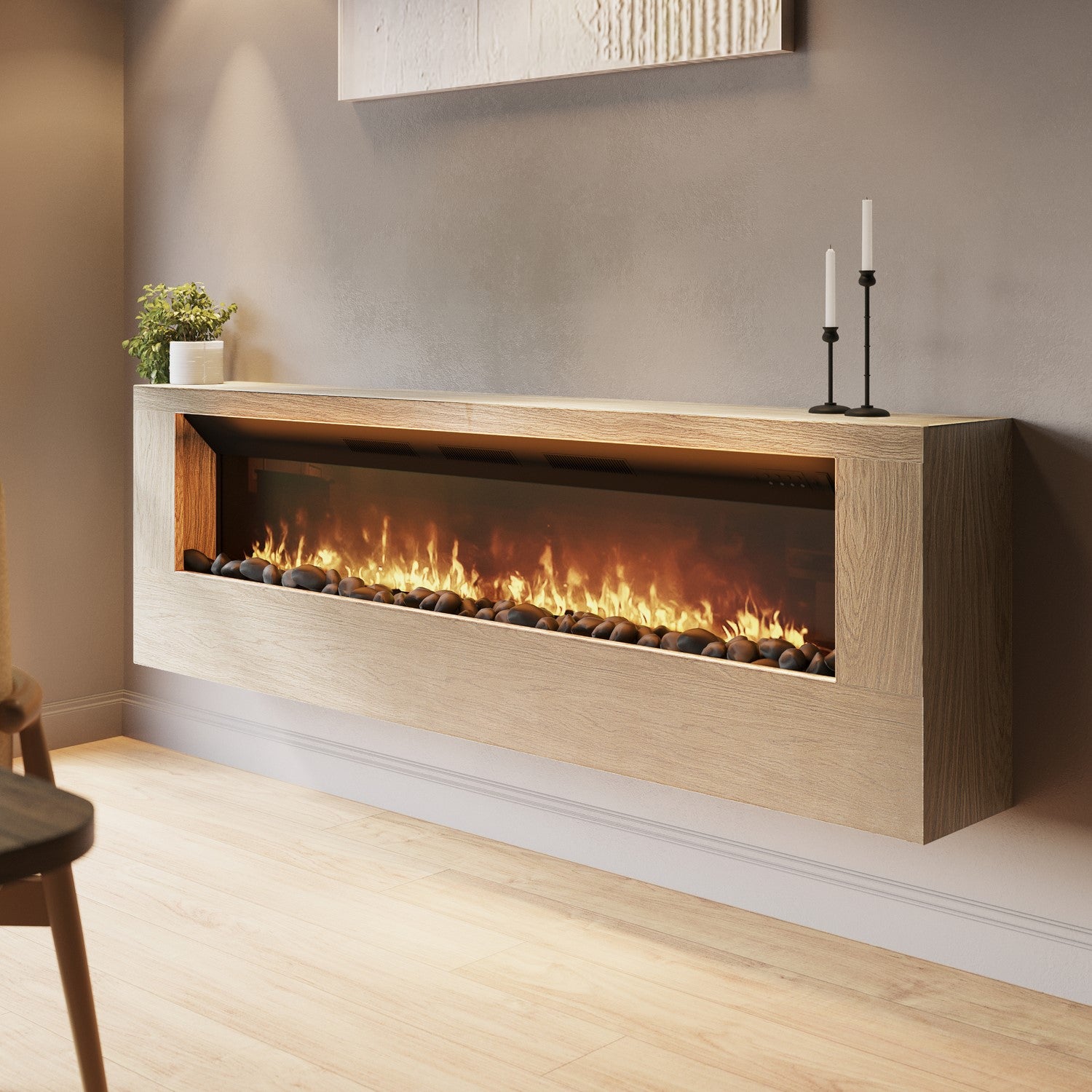 Wall-Mounted Electric Fire with Oak Surround - 70 Inch - AmberGlo