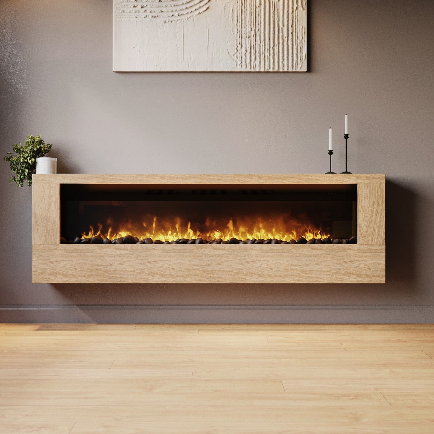 Wall-Mounted Electric Fire with Oak Surround - 70 Inch - AmberGlo