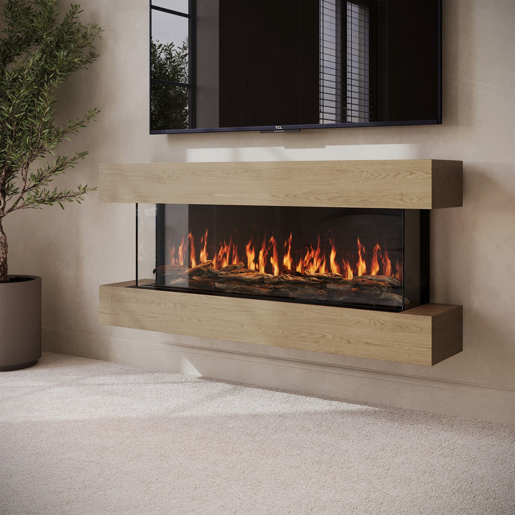 Oak Media Wall Mounted 3-Sided Electric Fireplace with Logs - 55 inch - AmberGlo