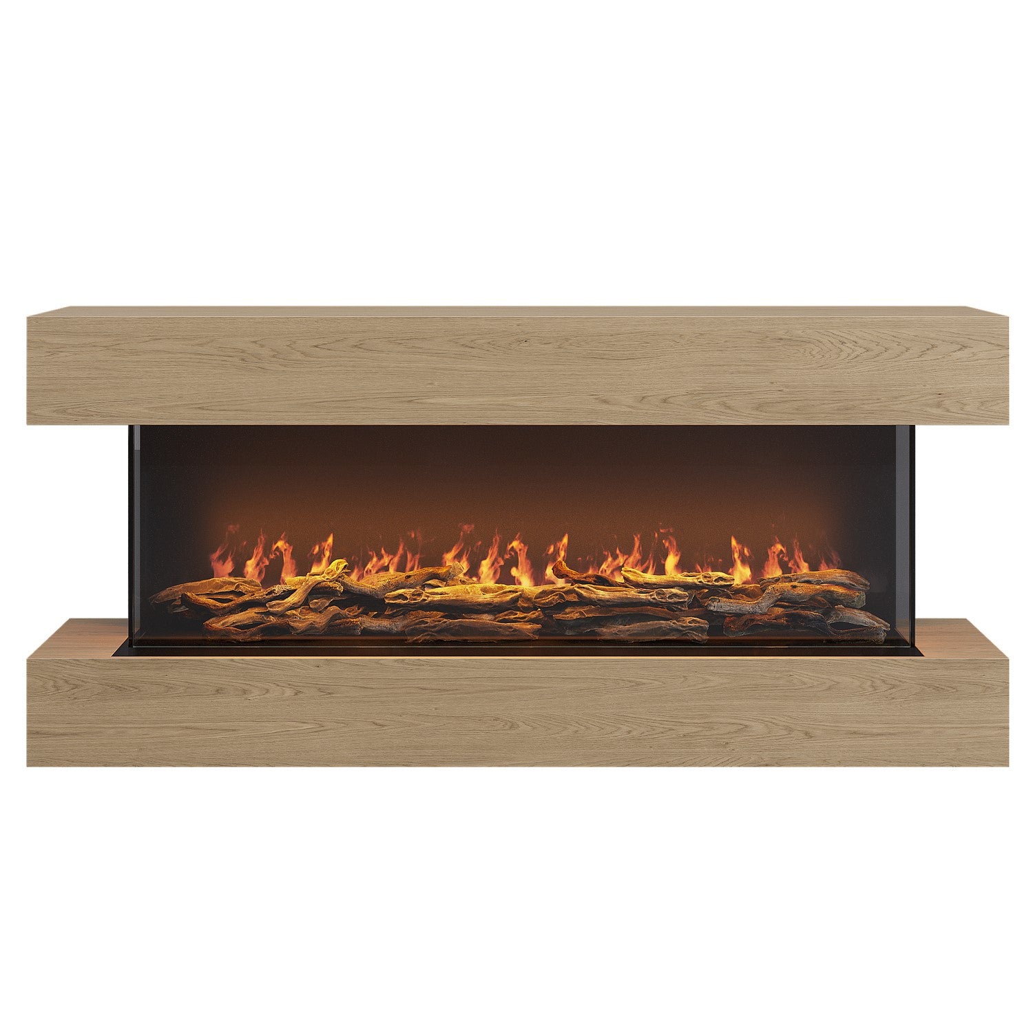 Oak Media Wall Mounted 3-Sided Electric Fireplace with Logs - 55 inch - AmberGlo