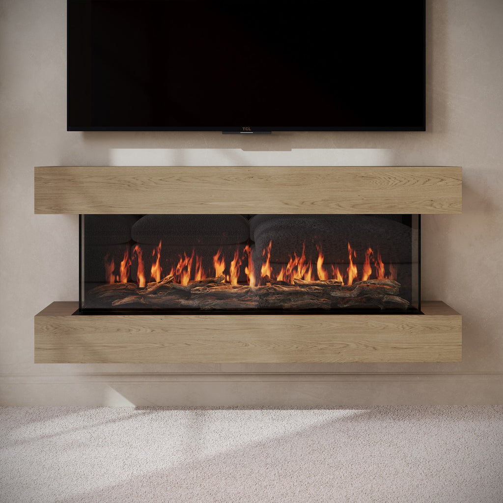 Oak Media Wall Mounted 3-Sided Electric Fireplace with Logs - 55 inch - AmberGlo
