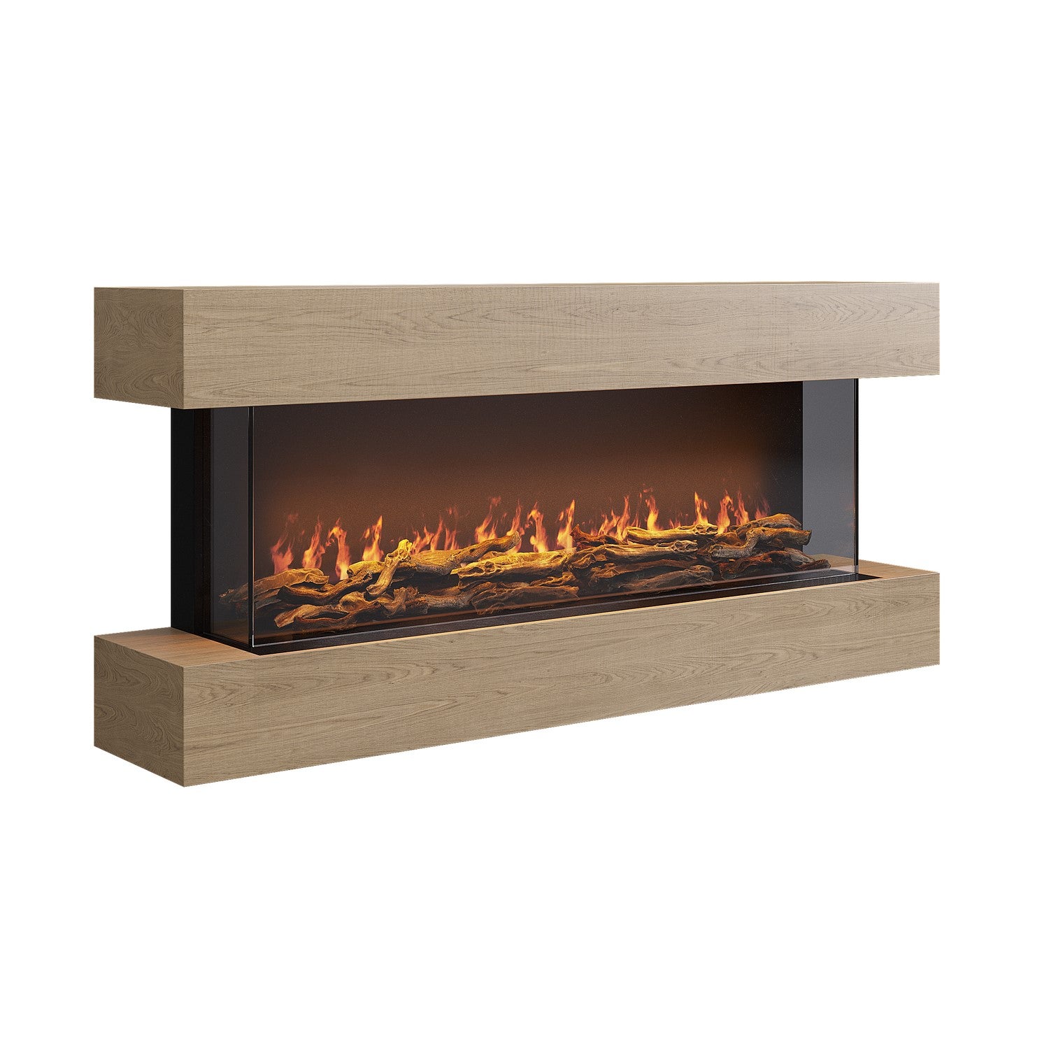 Oak Media Wall Mounted 3-Sided Electric Fireplace with Logs - 55 inch - AmberGlo