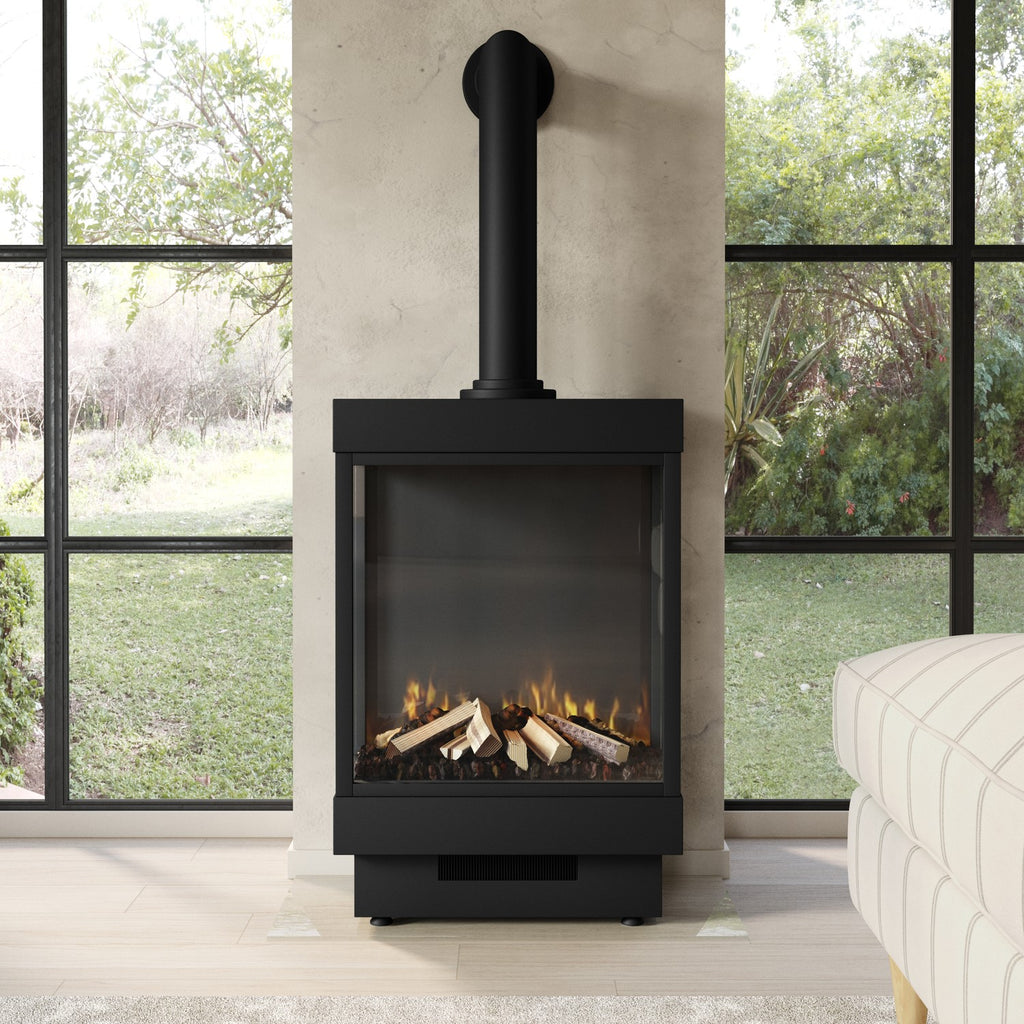 Large Electric Log Burner-Style Stove with Decorative Flue in Black - AmberGlo