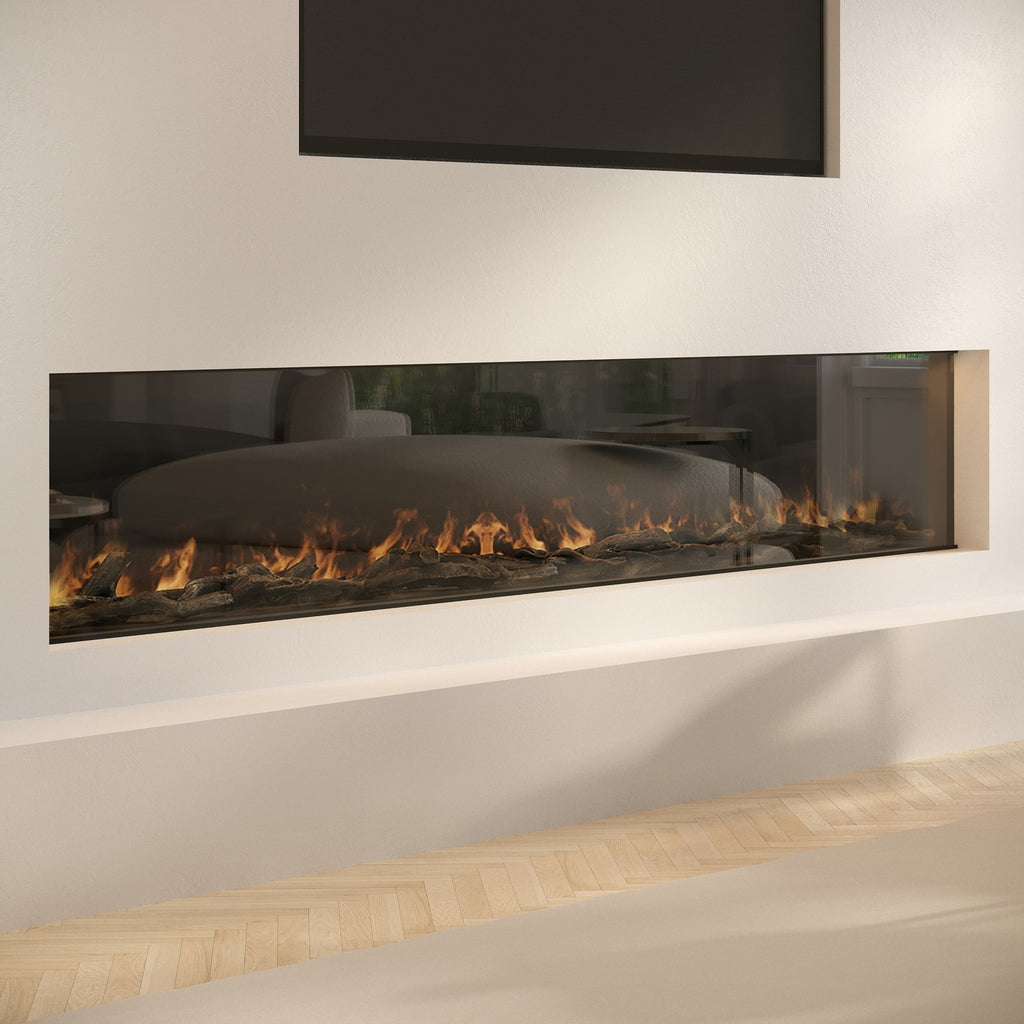 Black 3-Sided Inset Electric Media Wall Smart Fire Place - 80 Inch - AmberGlo