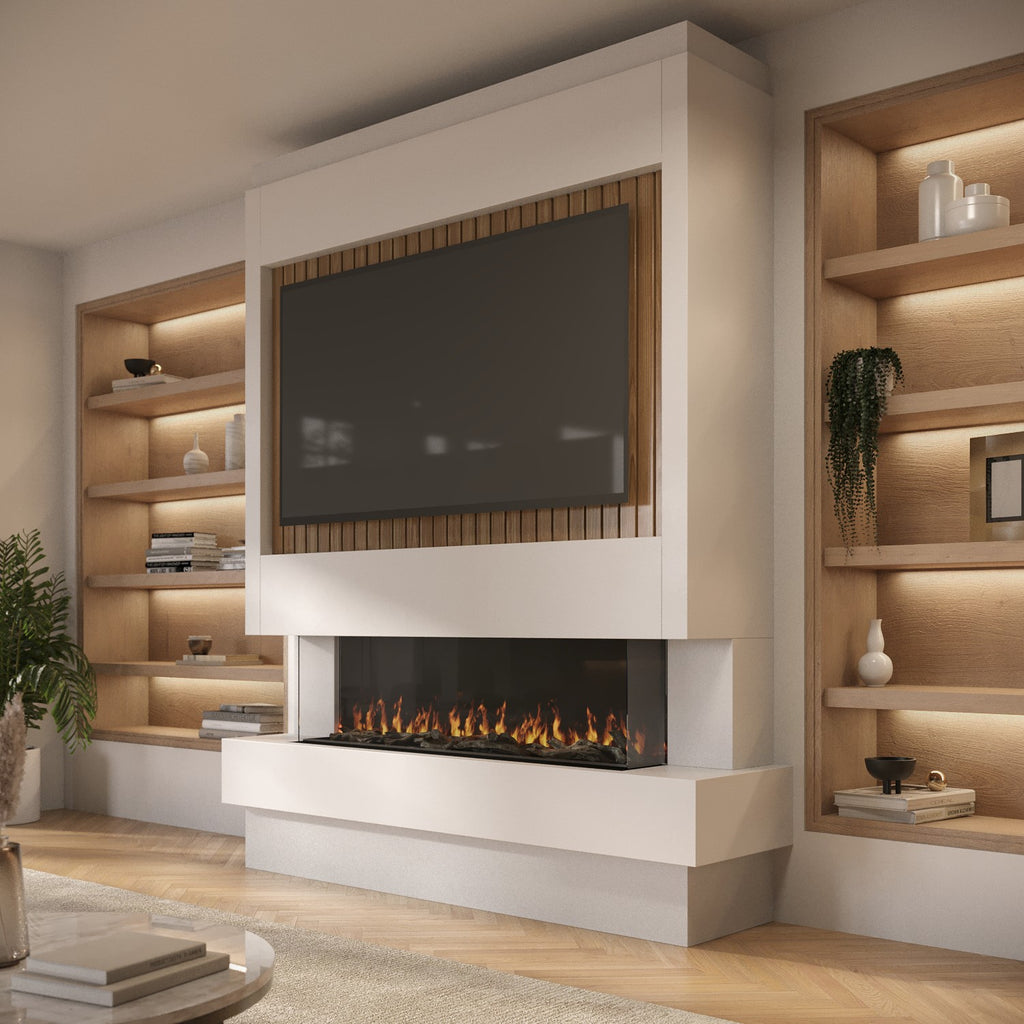Self Build Media Wall with 3-Sided Electric Fireplace with 50inch Fire - AmberGlo